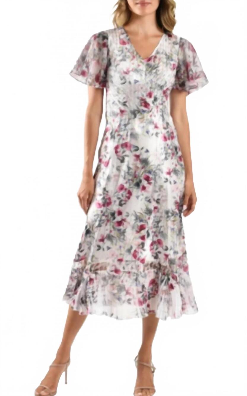 NEW KOMAROV charmuese dress with chiffon flutter sleeve in wildflower fields